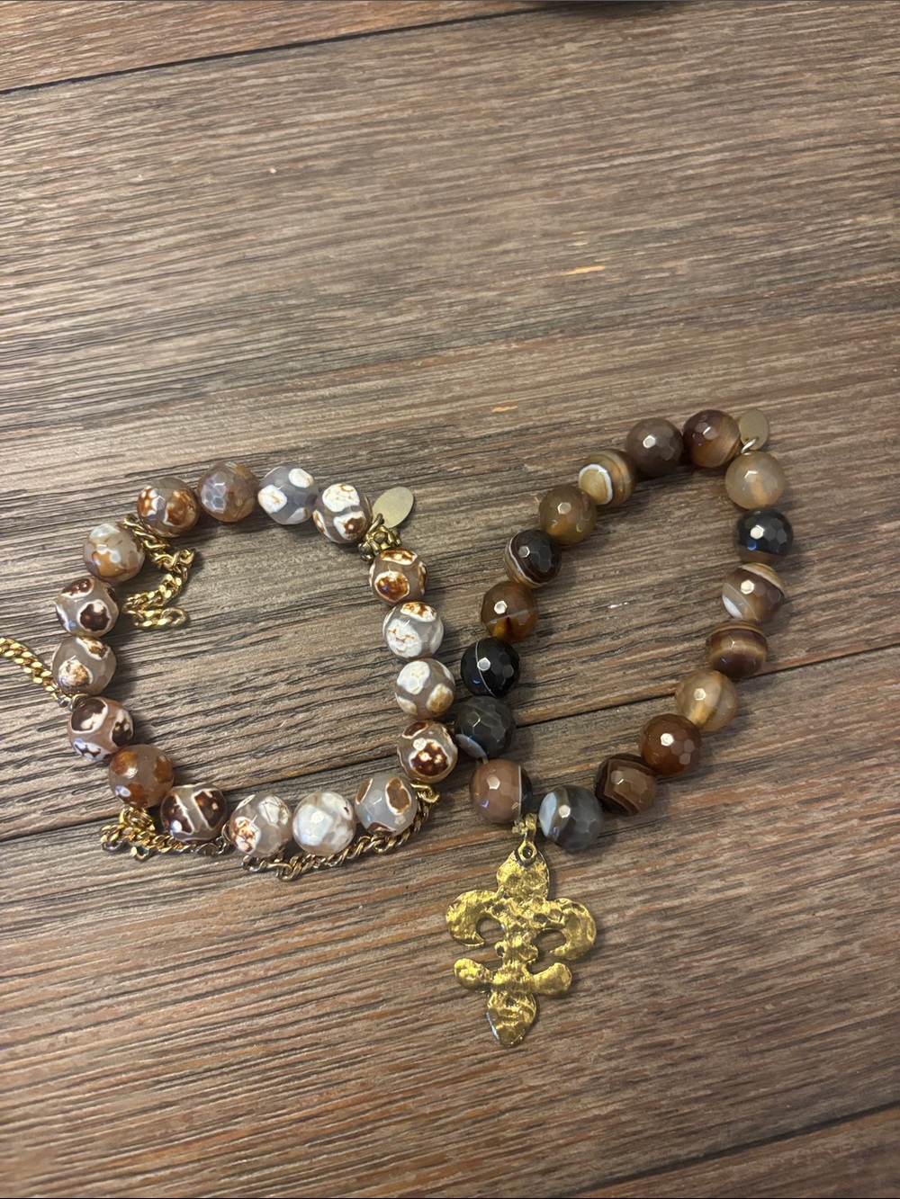 Brown Agate Beaded Bracelet Set with Gold Accent Charm